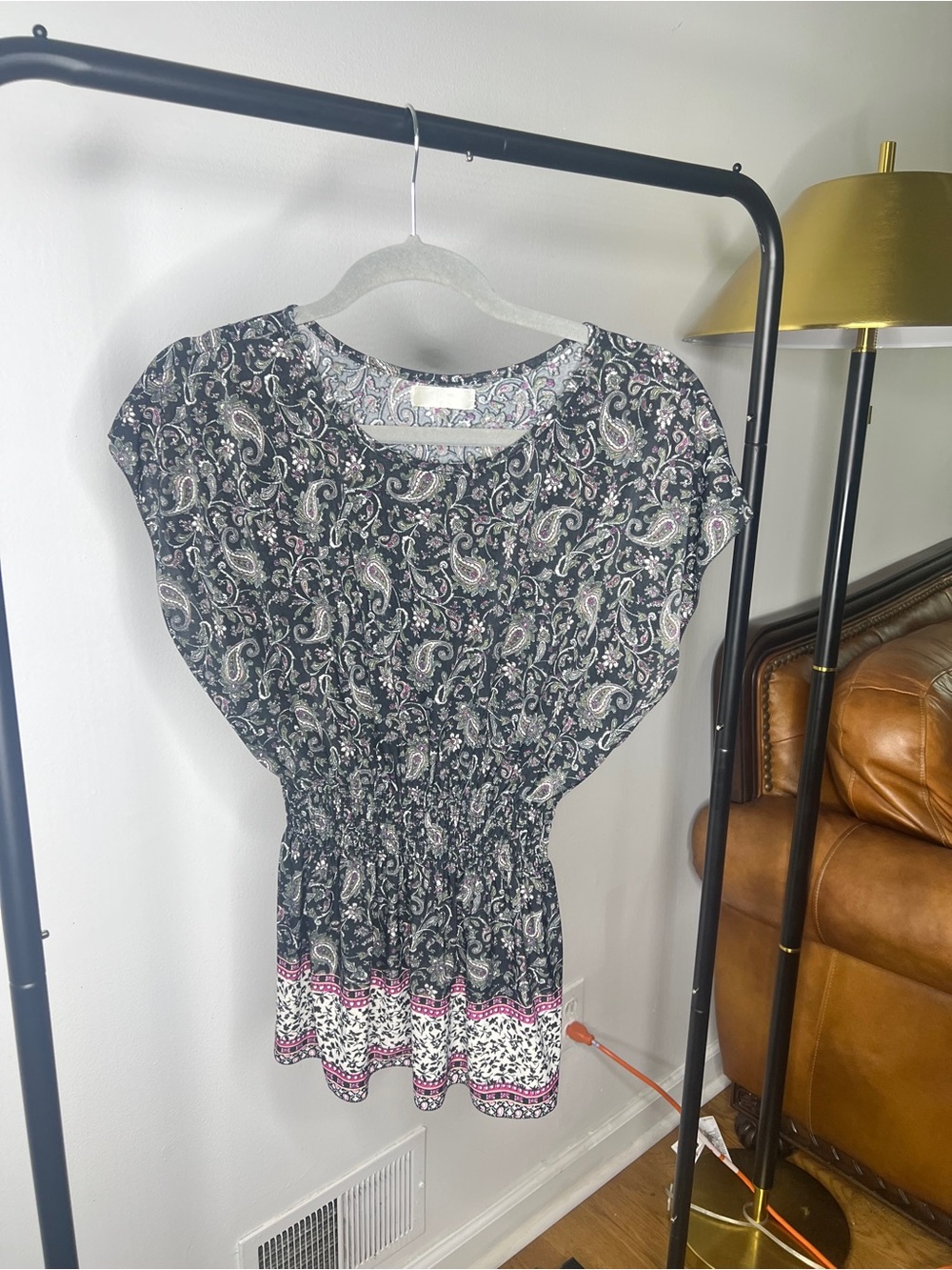 Vintage Black Paisley Elastic Waist Tunic with Pink & Cream Accents